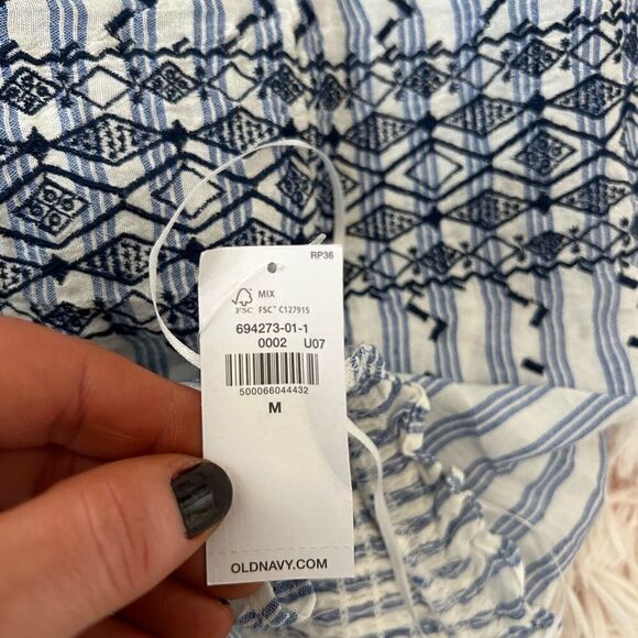 Old Navy NWT Blue White Stripe Boho Embroidered Smocked Tie Tassel Blouse Sz M - Picture 7 of 9